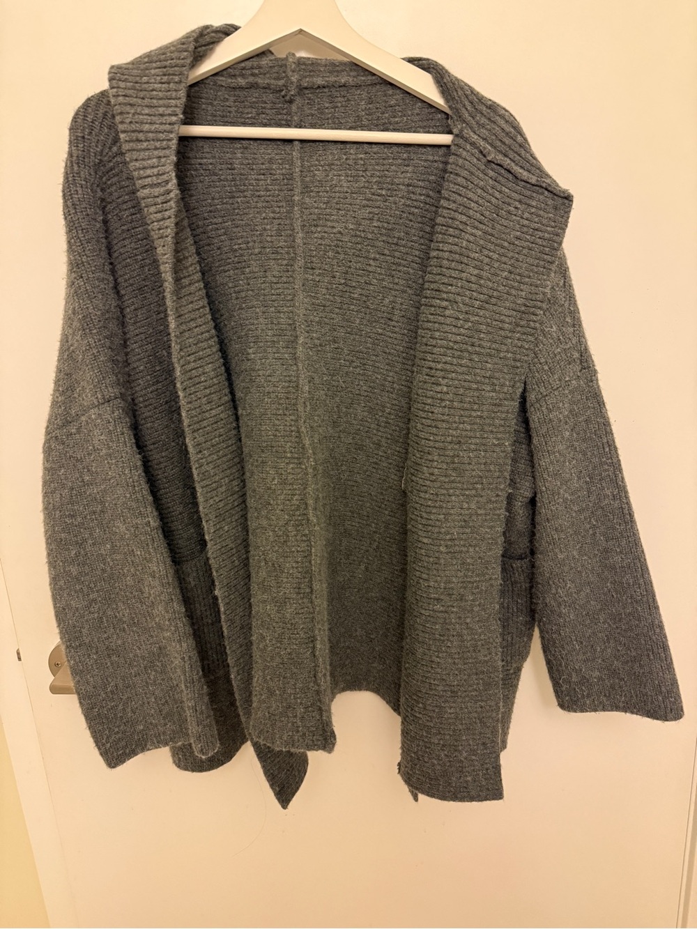 Open-Front Hooded Knit Cardigan — Grey